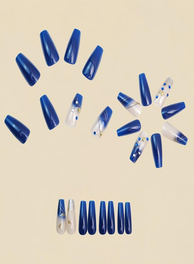 OCOUYVD Press on Nails Long Coffin Navy Blue with Glitter Rhinestones | 24PCS Reusable Glossy Fake Nails |trendy French Tip Ombre Design | False Nails Party Wedding Manicure Kit for Women Girls - Image 2